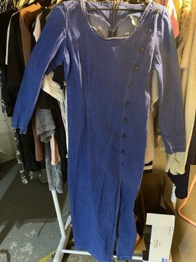 Vintage Fashion Tower Blue Denim Jean Long-Sleeve Button-Front Maxi Dress Split